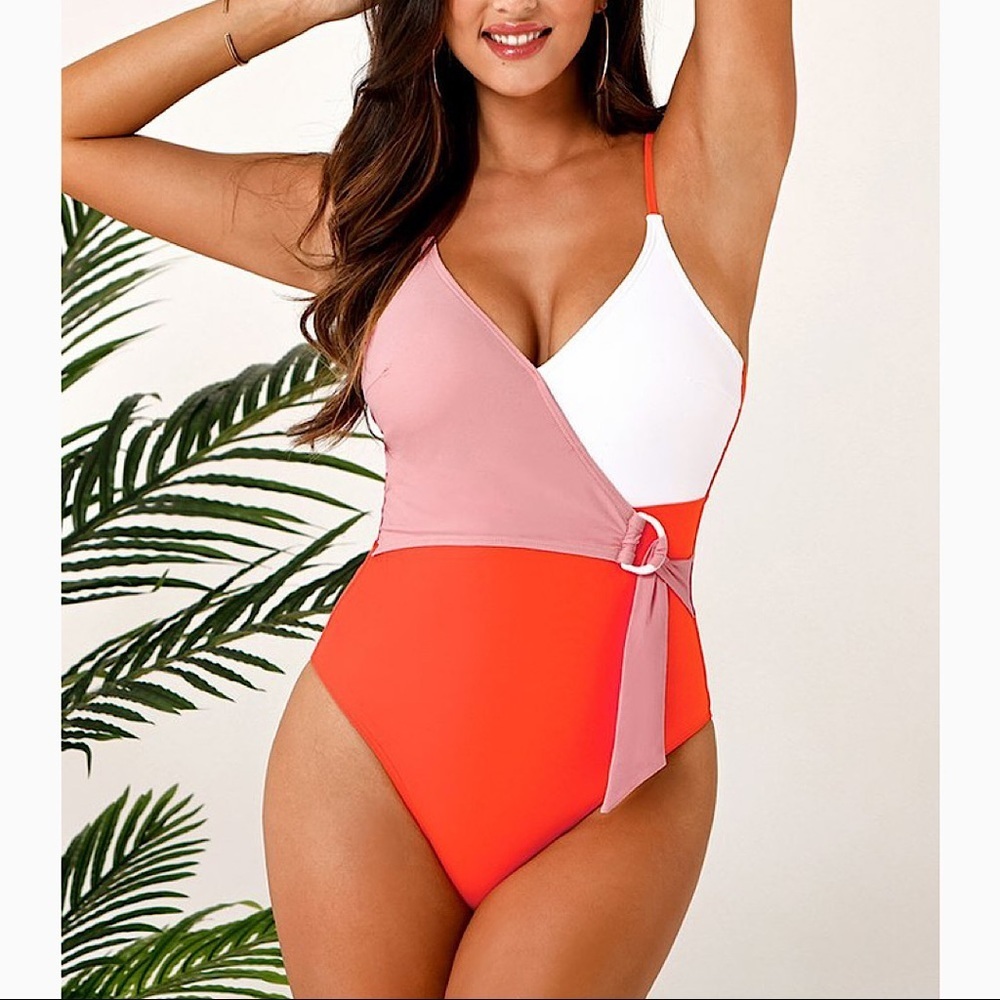 Cupshe Colorblock One-Piece Swimsuit in Coral, Pink & White
